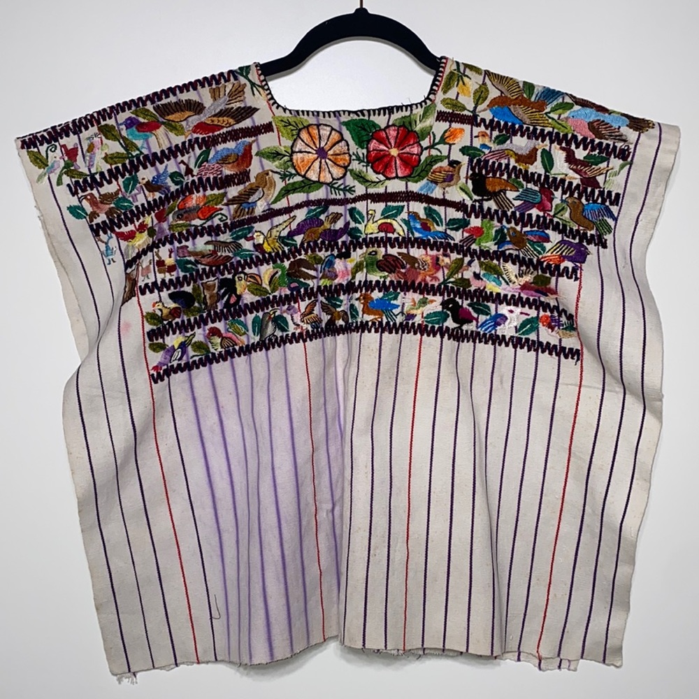 Vintage Handmade Cotton Birds Huipil Poncho